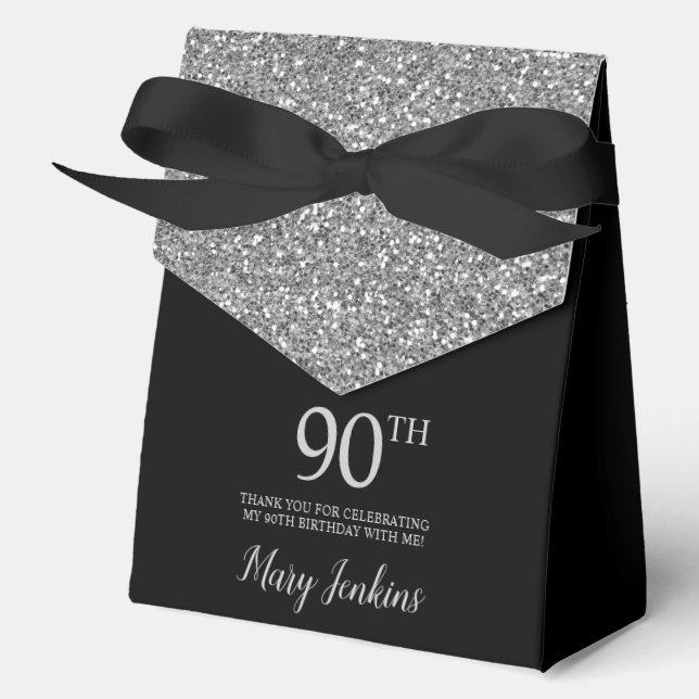 90th Birthday Silver Glitter Thank You Favor Boxes (Front)