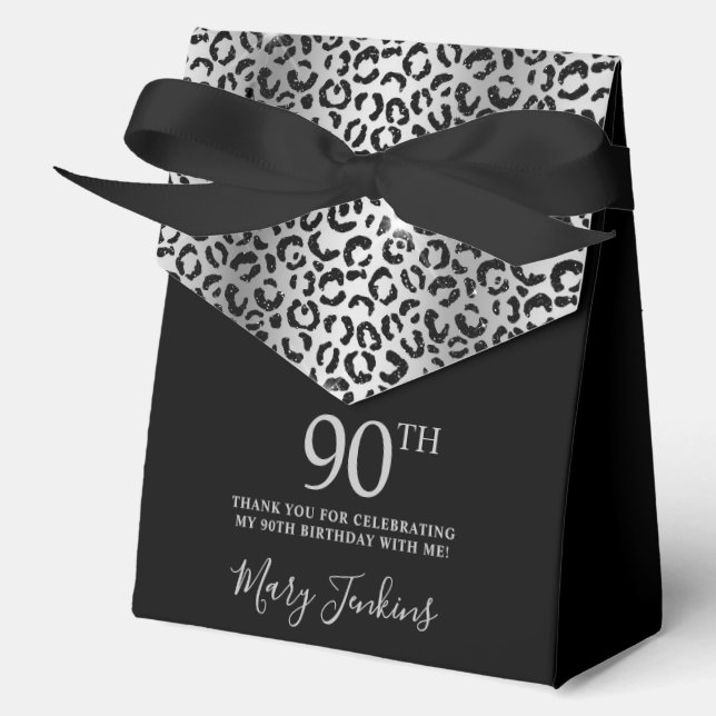 90th Birthday Silver Leopard Print Thank You  Favor Boxes (Front)