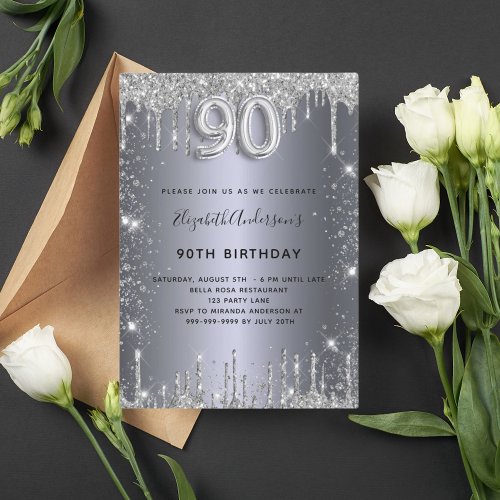 90th birthday silver metal glitter dust glam invitation