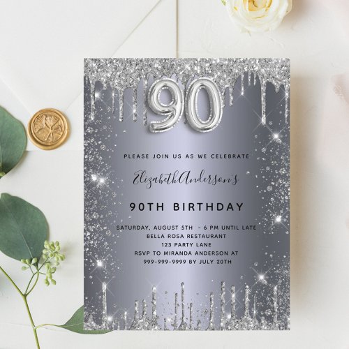 90th birthday silver metal glitter dust glam invitation postcard
