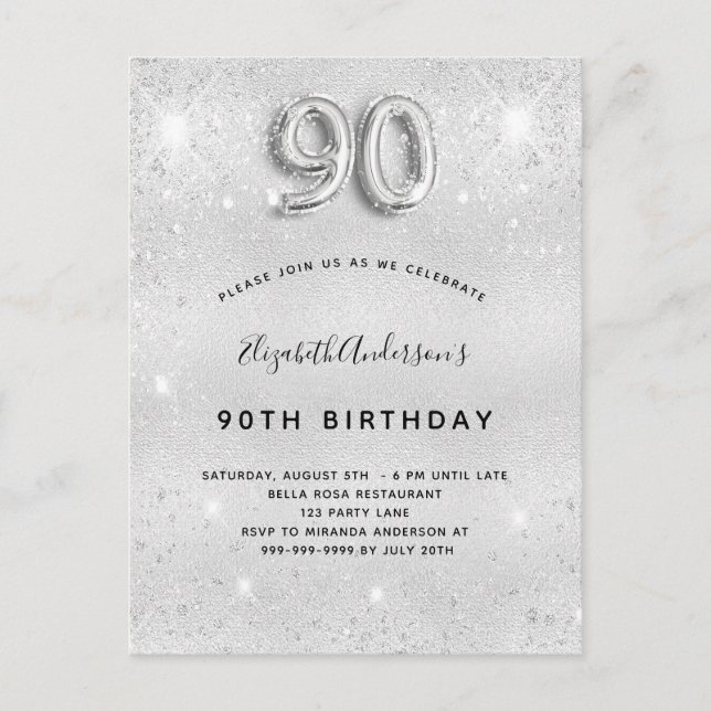 90th birthday silver metal glitter dust glam invitation postcard (Front)