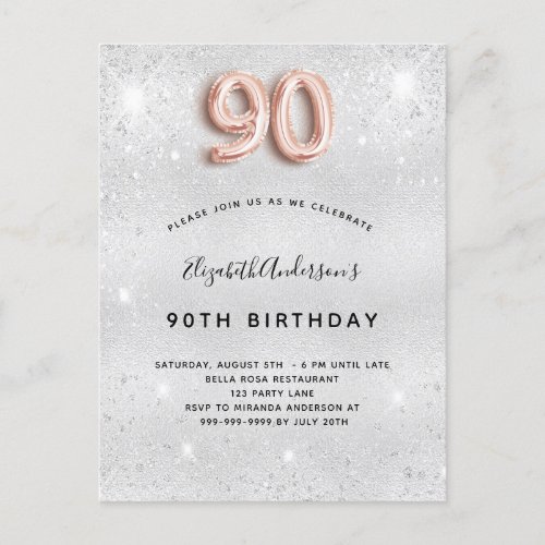 90th birthday silver metal rose gold glitter invitation postcard