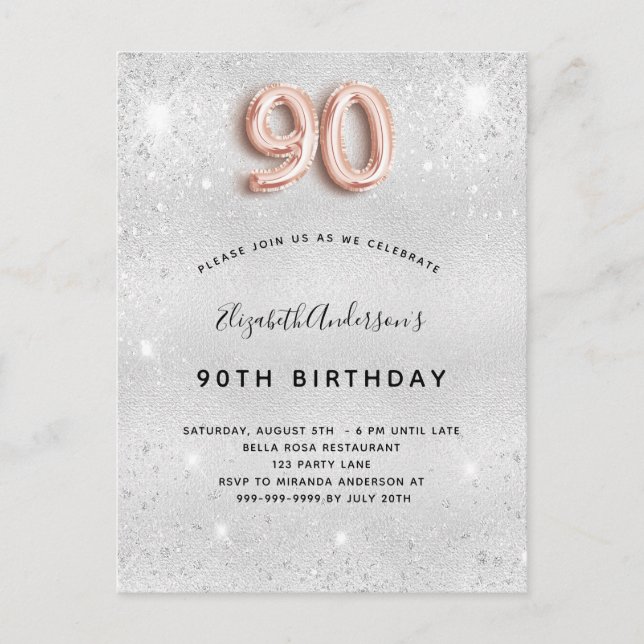 90th birthday silver metal rose gold glitter invitation postcard (Front)