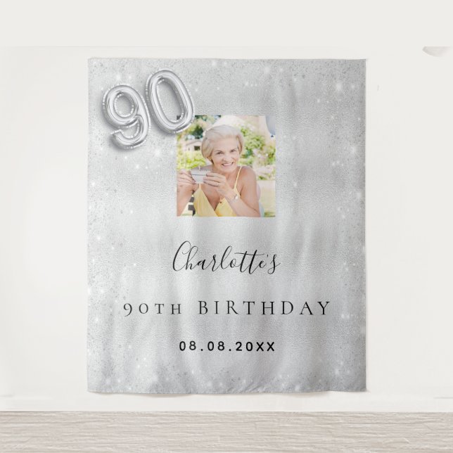 90th birthday silver photo glitter dust welcome tapestry (Front)