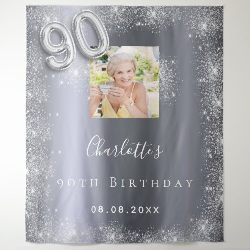90th birthday silver photo glitter dust welcome tapestry