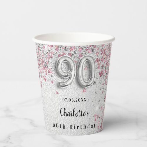 90th birthday silver pink glitter dust monogram paper cups