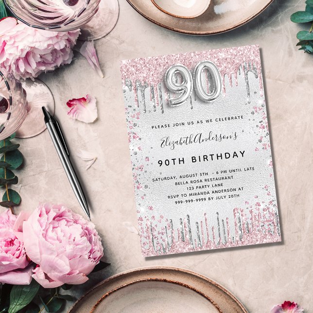 90th birthday silver pink glitter invitation (Creator Uploaded)