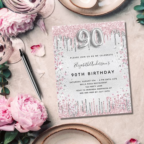 90th birthday silver pink metal glitter dust invitation postcard