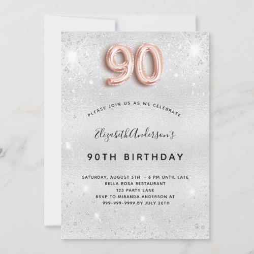 90th birthday silver rose gold glitter invitation