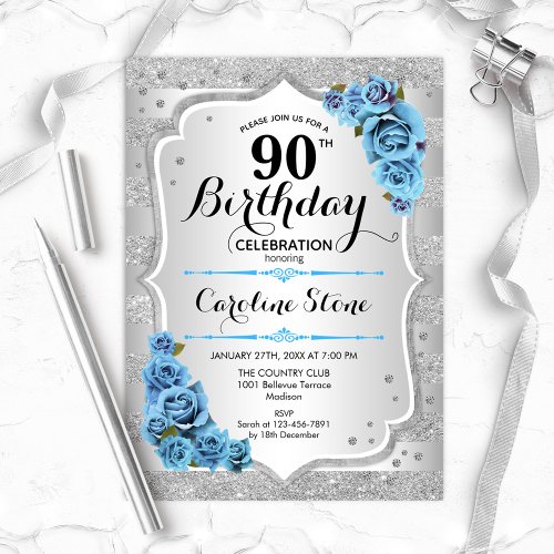 90th Birthday _ Silver Stripes Icy Blue Roses Invitation