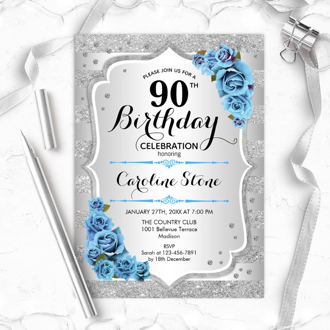 90th Birthday - Silver Stripes Icy Blue Roses Invitation (Creator Uploaded)