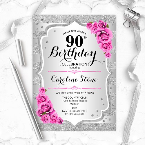 90th Birthday _ Silver Stripes Pink Roses Invitation