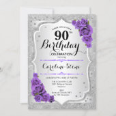 90th Birthday - Silver Stripes Purple Roses Invitation (Front)
