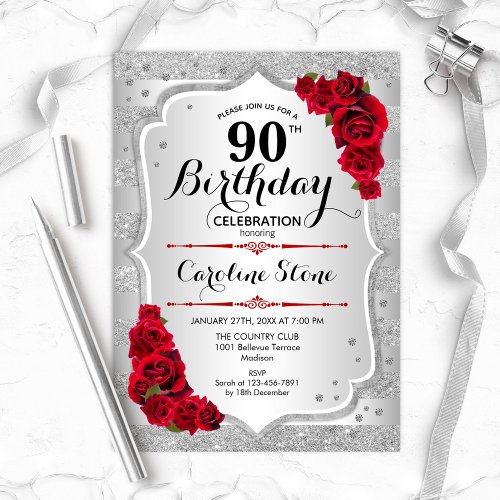 90th Birthday _ Silver Stripes Red Roses Invitation