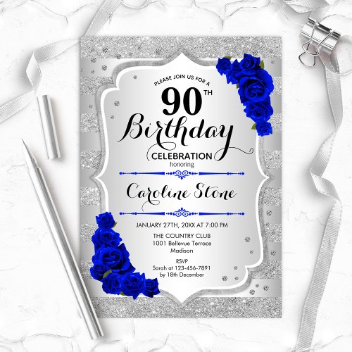 90th Birthday _ Silver Stripes Royal Blue Roses Invitation