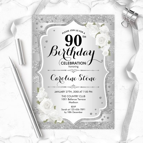 90th Birthday _ Silver Stripes White Roses Invitation