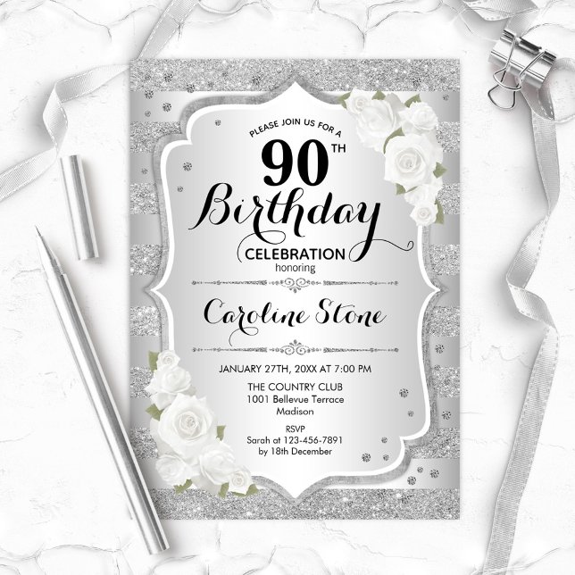90th Birthday - Silver Stripes White Roses Invitation (Creator Uploaded)