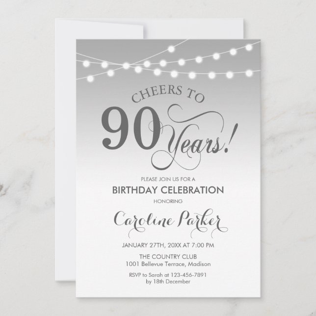 90th Birthday - Silver White Invitation (Front)