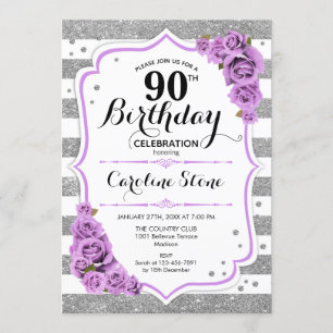 90th Birthday - Silver White Stripes Purple Roses Invitation