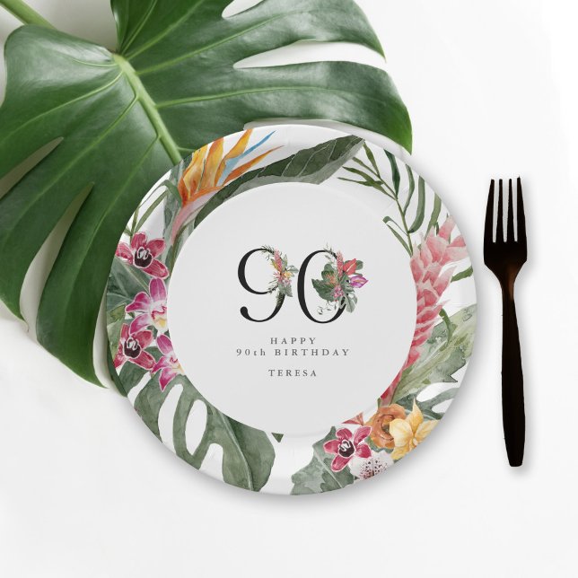 90th Birthday Simple Elegant Tropical Invitation Paper Plates (Creator Uploaded)
