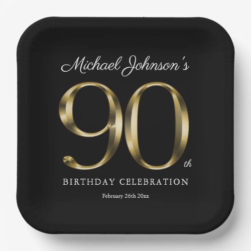 90th Birthday Solid Gold Text Elegant Black Paper Plates