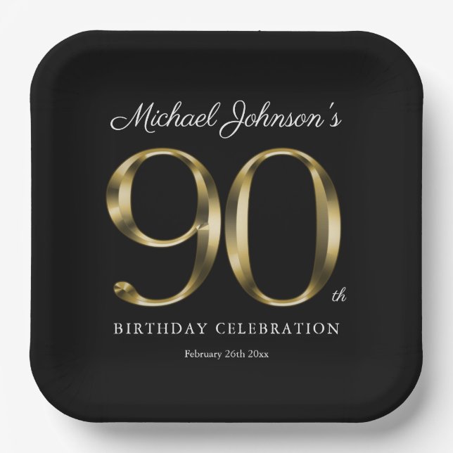 90th Birthday Solid Gold Text Elegant Black Paper Plates (Front)