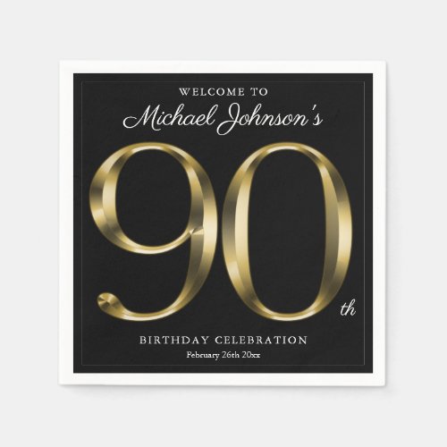 90th Birthday Solid Gold Typography Black Elegant  Napkins