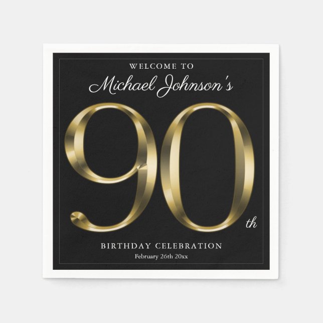 90th Birthday Solid Gold Typography Black Elegant  Napkins (Front)