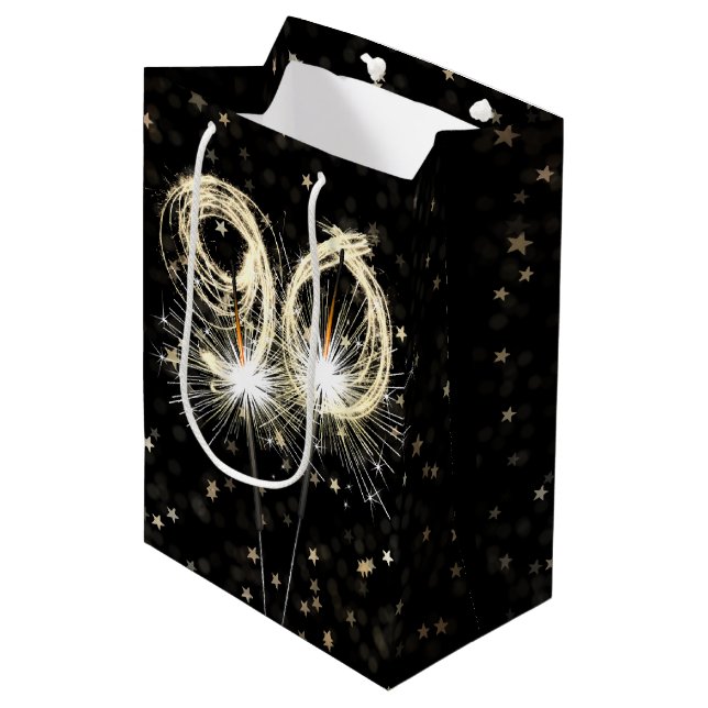 90th Birthday Sparklers on Black With Stars Medium Gift Bag (Front Angled)