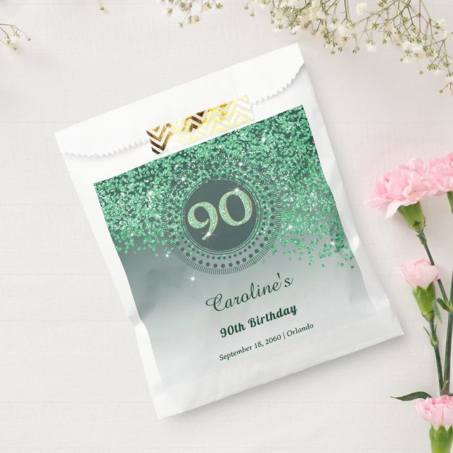 90th Birthday | Sparkling Green Gold Glitter Favor Bag (Sealed)
