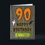 90th Birthday: Spooky Halloween Theme, Custom Name Card<br><div class="desc">The front of this scary and spooky Halloween birthday themed greeting card design features a large number "90". It also features the message "HAPPY BIRTHDAY, ", plus a customizable name. There are also depictions of a bat and a ghost on the front. The inside features a custom birthday greeting message,...</div>