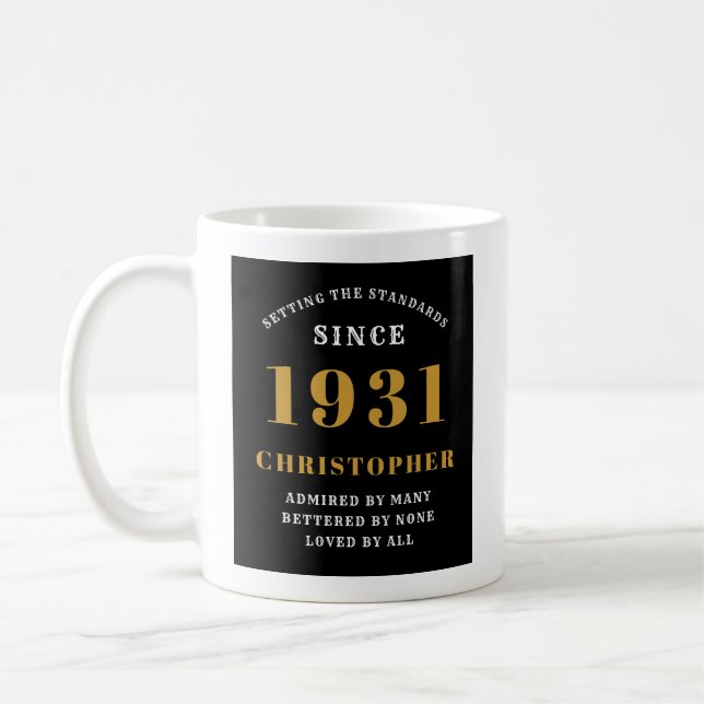 90th Birthday Standards 1931 Add Your Name Black Coffee Mug (Left)