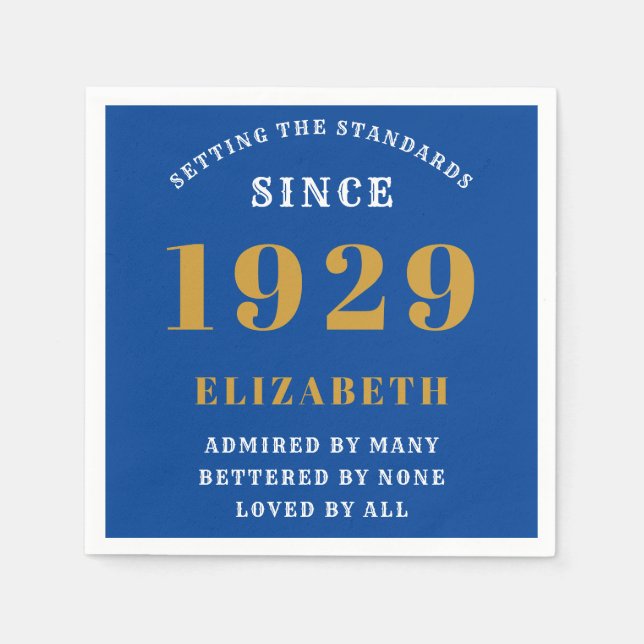 90th Birthday Standards Born 1929 Blue Gold Napkins (Front)