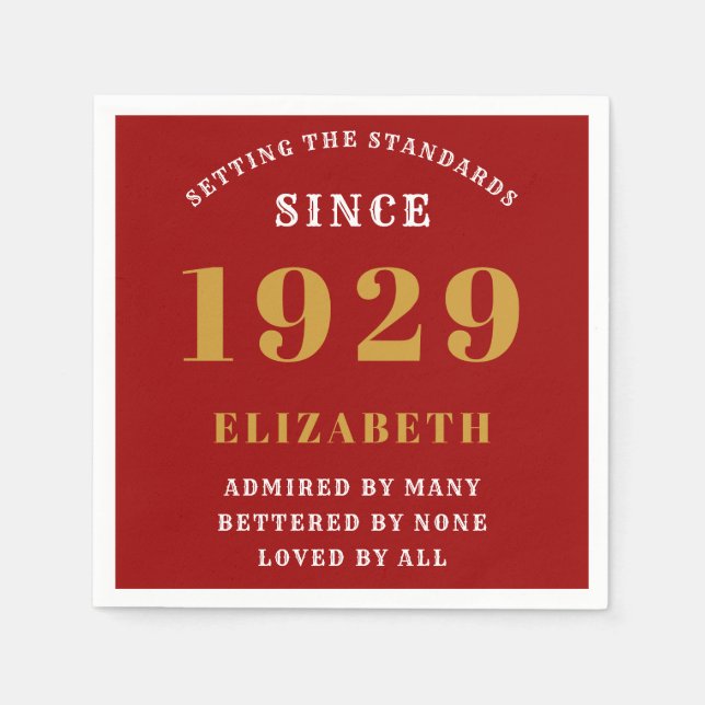 90th Birthday Standards Born 1929 Red Gold Napkins (Front)