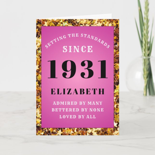 90th Birthday Standards Born 1931 Pink Gold Stars Card (Front)