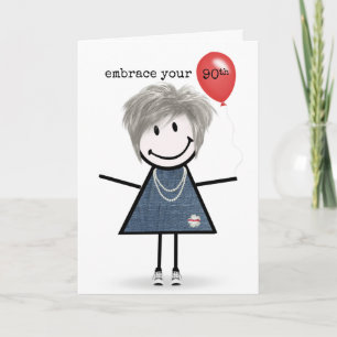 90th Birthday Stick Figure Girl with Red Balloon9 Card