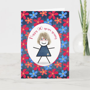 90th Birthday Stick Girl and Daisies On Denim Card