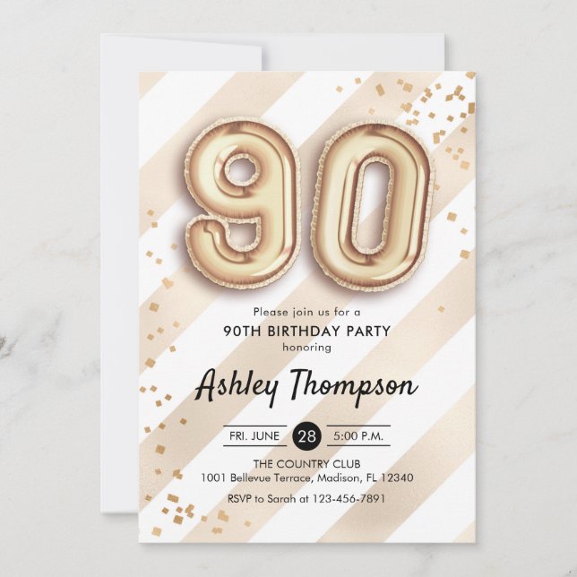 90th Birthday - Stripes Gold Balloons Invitation (Front)