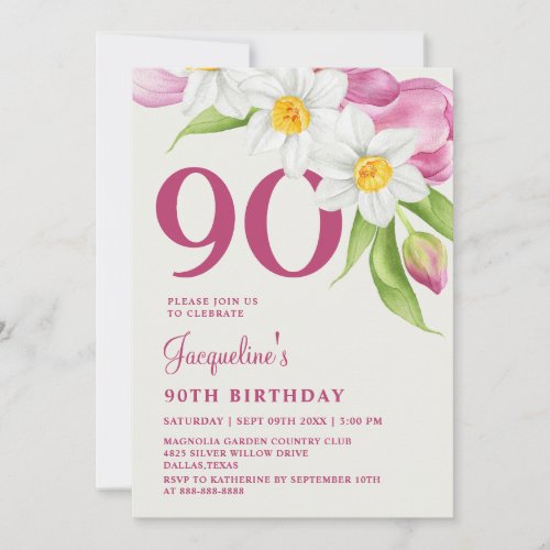 90Th Birthday Stylish Elegant Modern Floral Pink Invitation