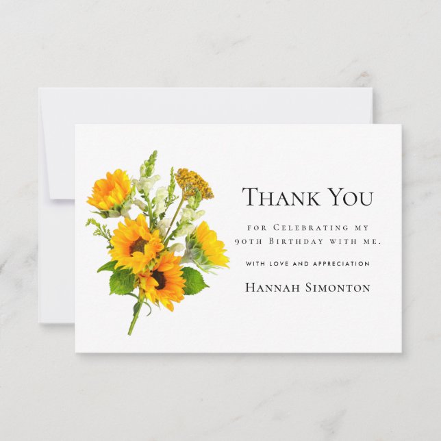 90th Birthday Sunflower Bouquet Personalized Thank You Card (Front)