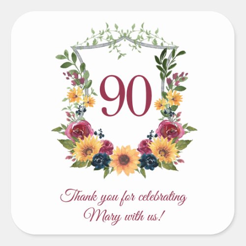 90th Birthday Sunflower Crest Thank You  Square Sticker