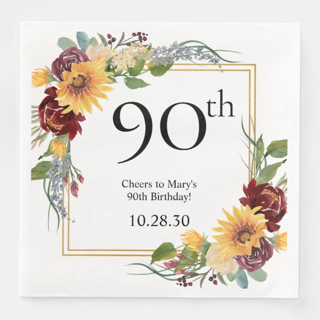 90th Birthday Sunflowers Paper Dinner Napkins (Front)