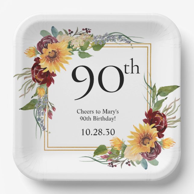 90th Birthday Sunflowers Paper Plates (Front)