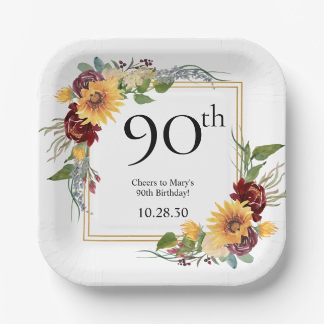 90th Birthday Sunflowers Paper Plates (Front)