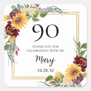 90th Birthday Sunflowers Thank You Square Sticker
