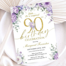 90th Birthday Surprise Gold Purple Floral Elegant