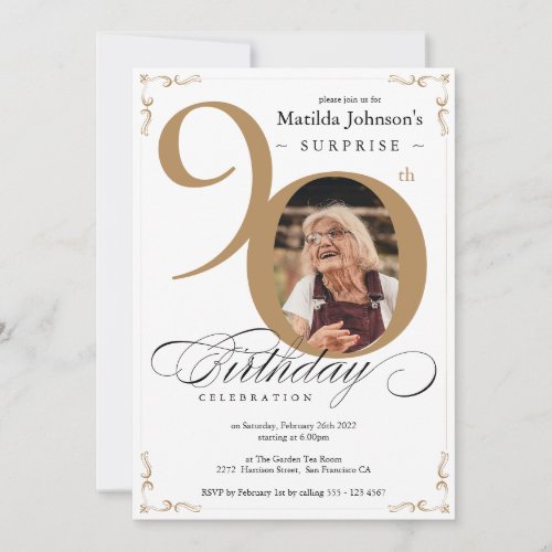 90th Birthday Surprise Gold white Elegant Photo