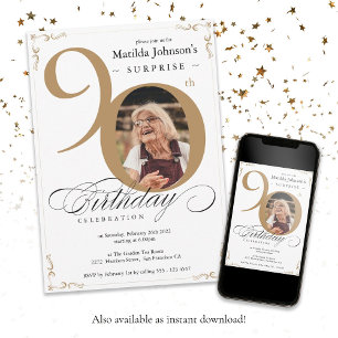 90th Birthday Surprise Gold white Elegant Photo Invitation