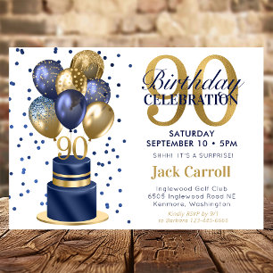 90th Birthday Surprise Navy Blue Cake Invitation