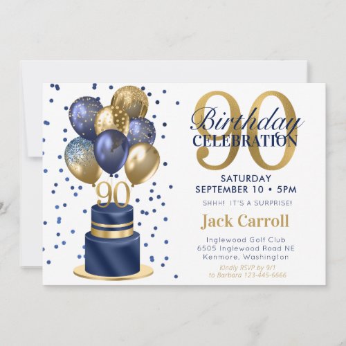 90th Birthday Surprise Navy Blue Cake Invitation